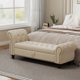 64.5' Bed Bench for Bed Room Nails Tufted Chaise of Lounge with Storage Velvet Upholstery Beige