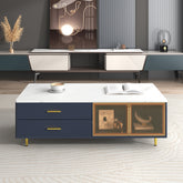 Modern Navy Blue Coffee Table with 2 Glass Door Storage, 4 Drawers, Gold Metal Legs, and Multi-Color Lighting in 47.2''