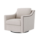 Ergonomic Swivel Armchair with Cotton Linen Upholstery and Brass Nail Decoration, Black Legs