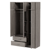 Modern Gray 3-Door Mirror Wardrobe with 2 Drawers and Top Cabinet, Particle Board
