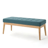 Vibratory Button Tufted Upholstered Ottoman with Splayed Wooden Legs, Teal and Natural