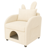 Beige Velvet Bunny-Ear Pet-Friendly Armchair with Cat & Dog Hideaway, Plush Sofa Chair with Side Pocket, Cute Dual-Use Accent Chair for Living Room, 27.4 x 25.2 x 37.4