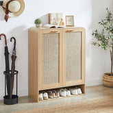 Rattan Shoe Cabinet with Doors, 6-Tier Shoe Storage Cabinet with Adjustable Shelves,Wooden Shoes Rack Shoe Storage Organizer for Entryway, Hallway, Closet, Living Room,Oak,31.5''W x 13.8''D x 41''H.