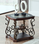 End table, Glass table top, MDF W/marble paper middle shelf, powder coat finish metal legs. (26.3'Lx26.3'Wx24'H)