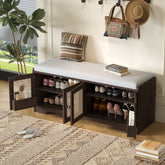 TREXM Rustic Storage Bench Multifunctional Wood Entryway Shoe Bench with Removable Cushion, Woven Rattan Doors & Adjustable Shelves for Hallway, Living Room (Espresso+Beige )