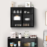 27.56'Glass Doors Modern Two-door Wall Cabinet with Featuring Three-tier Storage for Entryway Living Room Bathroom Dining Room,Black