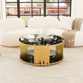 Modern minimalist light luxury style stainless steel circular coffee table, black tempered glass countertop, living room coffee table