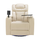 Home Theater Recliner with 270 Degree Swivel, PU Leather, Power Recliner with Tray Table, Phone Holder, Cup Holder, USB Port, White