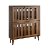 Medieval Modern Walnut Shoe Storage Cabinet With 2 Flip Drawers And Fence Design, 31.5-Inch, Particle Board + MDF