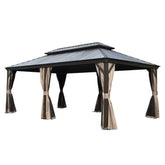 12' X 20' Hardtop Gazebo, Upgraded Metal Gazebo with Drainage System, Dual-Layer Galvanized Steel Roof, Curtain and Netting, Outdoor Shelter Canopy for Patio, Garden, and Backyard, Brown