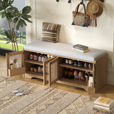 TREXM Rustic Storage Bench Multifunctional Wood Entryway Shoe Bench with Removable Cushion, Woven Rattan Doors & Adjustable Shelves for Hallway, Living Room (Brown+Beige )
