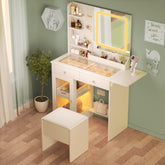 Small Vanity Desk with Mirror and Lights and Chair, Makeup Vanity with Glass Top and 2 USB Power Strip, Vanity with Two Drawers and one Cabinet, Dressing Table Set with 3 Lights Colors Mirror (White)