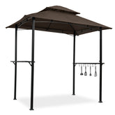 Outdoor Grill Gazebo 8 x 5 ft with Double-Tier Canopy, Steel Frame, Bar Counters & Hook - Brown Metal
