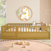 Full Size Floor bed, integral construction with super high security barrier, door, children's floor bed frame, Montessori wooden children's floor bed, Support slat Natural Wood
