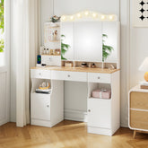 Vanity Desk with Mirror and Lights,Makeup Vanity with 2 USB Power Strip, Vanity Set with Three Drawers and Two Cabinet, 7 Lights with 3 Lights Colors, Foldable Three-sided Mirror(White)
