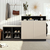 U_Style Livingroom Cabinet with Shoe Bench, 2 Doors and 3-Tier Adjustable Shelves, Entryway Bench with 4 Open Shoe Racks and Removeble Cushion, Storage Console Table with Wavy Slatted Door and Hooks
