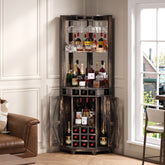 Corner Bar Storage Cabinet, 72' Tall Farmhouse Wine Cabinet with Barn Door, Home Bar with Acrylic Mirror & Glass Rack for Dining Room, Living Room, Kitchen