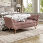 Upholstered Velvet Bench, End of Bed Bench with 2 Pillows, Upholstered Button Tufted Ottoman,Footstool with Rolled Arms, Foot Rest with Solid Wood Legs, for Entryway, Living Room ,Dining Room,Pink