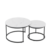 Nesting Coffee Table Set of 2, 27.6inch Round Wood Marble Pattern Top with Sturdy Metal Frame, White Living Room End Tables for Bedroom Balcony Yard