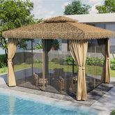 Outdoor Patio Gazebo - Hawaiian Style Thatch Roof, Double Canopy, Aluminum Frame with Mosquito Net & Privacy Curtain