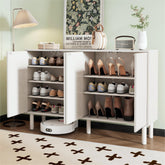 ON-TREND Minimalist Shoe Cabinet with 5 Solid Wood Legs, Cream Style Sideboard Buffet Cabinet with Fluted Doors, Large 4-Door Storage Cabinet with Adjustable Shelves for Living Room, White, 55.1*13.7'