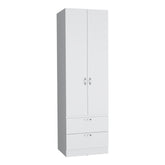 Modern White Engineered Wood Armoire Wardrobe with Hanging Rod, 2 Drawers, and 1 Shelf, 76.8' H