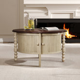 Vintage Round Coffee Table with Storage in 30.3' for Living Room, Mid Century Modern Cocktail Table with Sliding Door, Slatted Design Accent Table for Small Space, Beige and Espresso