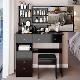 37' Middle Size Left Drawer Desktop Vanity Table + Cushioned Stool, Extra Large Right sliding mirror, Multi Layer High Capacity Storage, Practical Fashionable Dresser, Suitable For Large Space