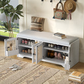 TREXM Rustic Storage Bench Multifunctional Wood Entryway Shoe Bench with Removable Cushion, Woven Rattan Doors & Adjustable Shelves for Hallway, Living Room (White+Beige )