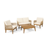 Hueber Outdoor Acacia Wood and Rope 4 Seater Chat Set with Cushions