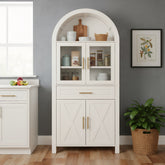 71' Tall Arched Kitchen Pantry Cabinet with Glass Door, Farmhouse Storage Pantry Cabinet with Adjustable Shelves & Barn Door Design for Kitchen, Living & Dining Room, White