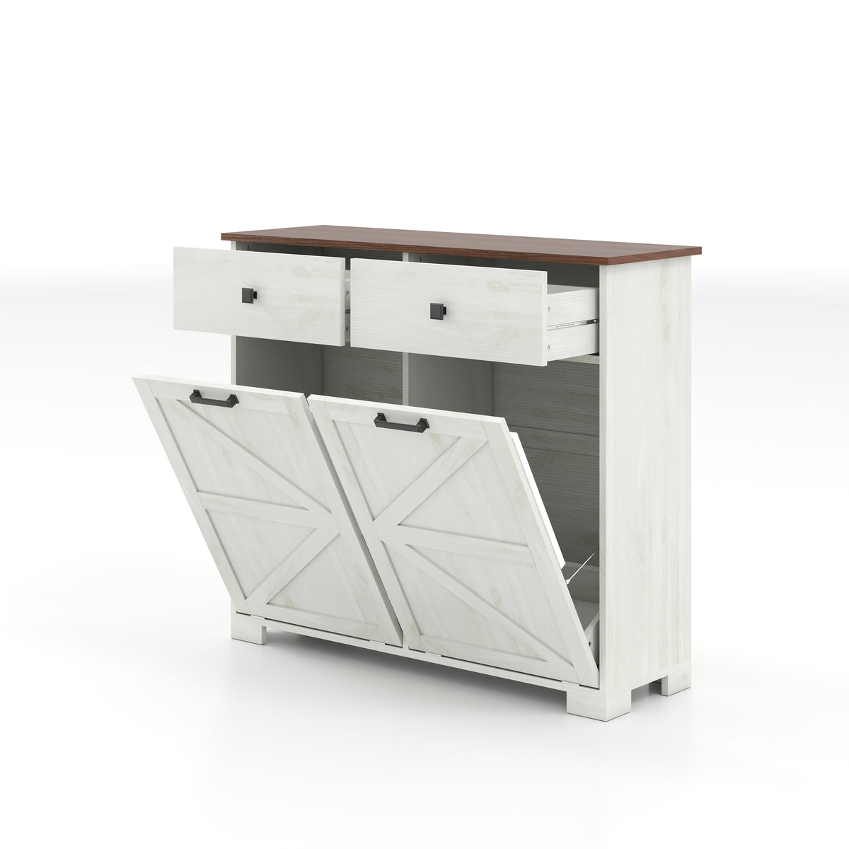 Farmhouse Barn Door Style Double Tilt Out Trash Cabinet for 20 Gallon Cans with Free Standing Recycling and Laundry Storage, Antique White & Brown Woodgrain