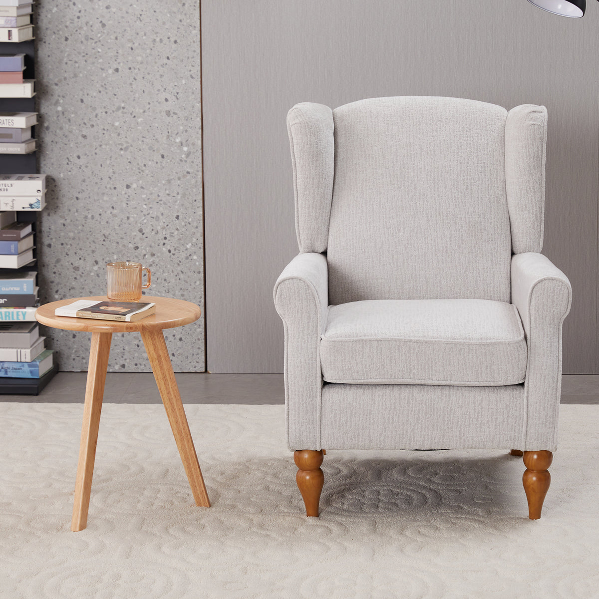 Coffee Table & Armchair Set,Vintage Luxury Style,  a high-back comfortable reading chair (beige) & a solid wood coffee table (Natural Wood) , suitable for living rooms and bedroom relaxation areas.