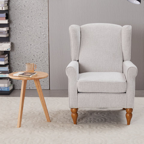 Coffee Table & Armchair Set,Vintage Luxury Style,  a high-back comfortable reading chair (beige) & a solid wood coffee table (Natural Wood) , suitable for living rooms and bedroom relaxation areas.