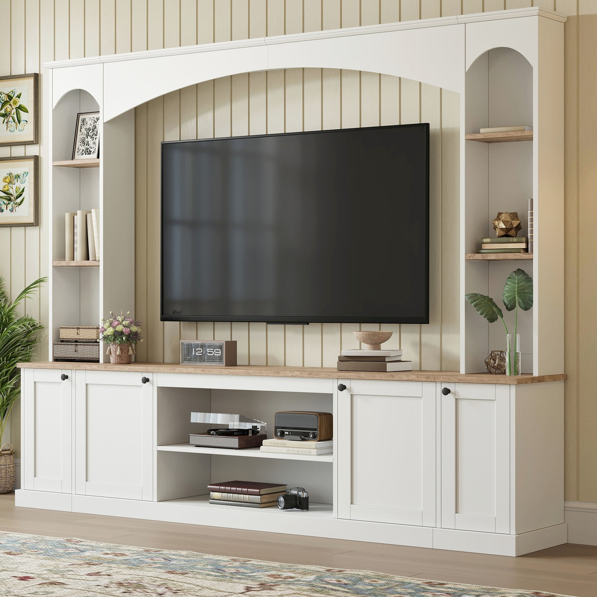 [Assembly Video] Elegant Arched Entertainment Center Wall Unit with Bookshelf, Farmhouse TV Stand with Wood Grain for TVs Up to 70', 91inch Media Console with Adjustable Shelves for Living Room, White