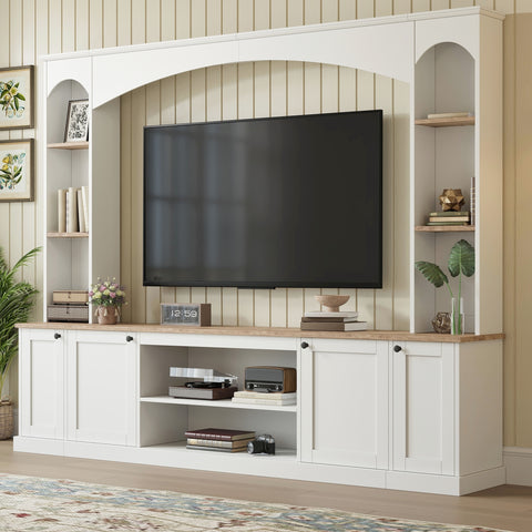 [Assembly Video] Elegant Arched Entertainment Center Wall Unit with Bookshelf, Farmhouse TV Stand with Wood Grain for TVs Up to 70', 91inch Media Console with Adjustable Shelves for Living Room, White