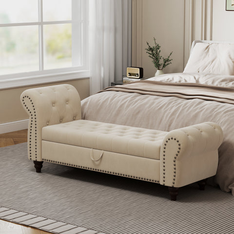 64.5' Bed Bench for Bed Room Nails Tufted Chaise of Lounge with Storage Velvet Upholstery Beige