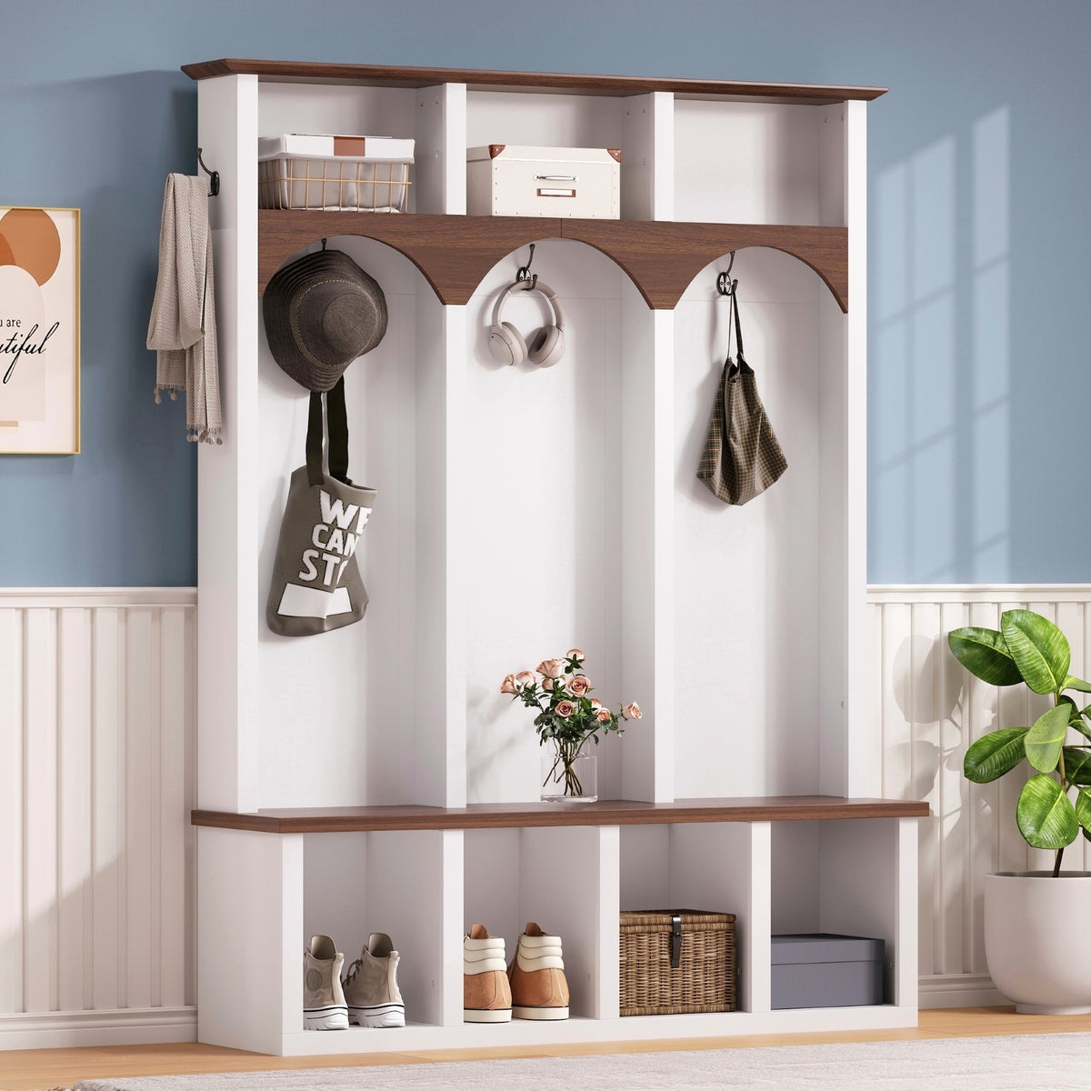 Farmhouse Wooden Style Hall Tree with Arched Design, Practical Entryway Walnut Storage Bench with 5 Black Hooks, Minimalist 4-in-1 Hallway Shoe Cabinet with 7 Cubbies for Mudroom, Living Room, White