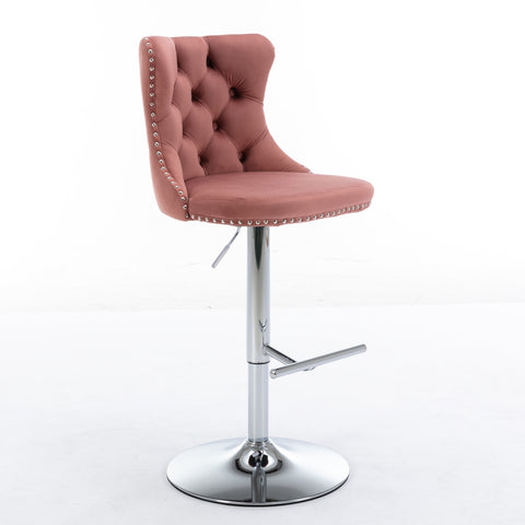Modern Velvet Swivel Barstools with Adjustable Seat Height and Chrome Base, Pink, Set of 2