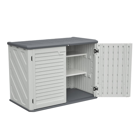 Horizontal Storage Shed with Removable Shelf, Large Lockable Outdoor Storage Cabinet, Weather-Resistant HDPE Plastic Storage Unit for Backyard, Patio, Garden – 28 Cu.ft, Ivory White