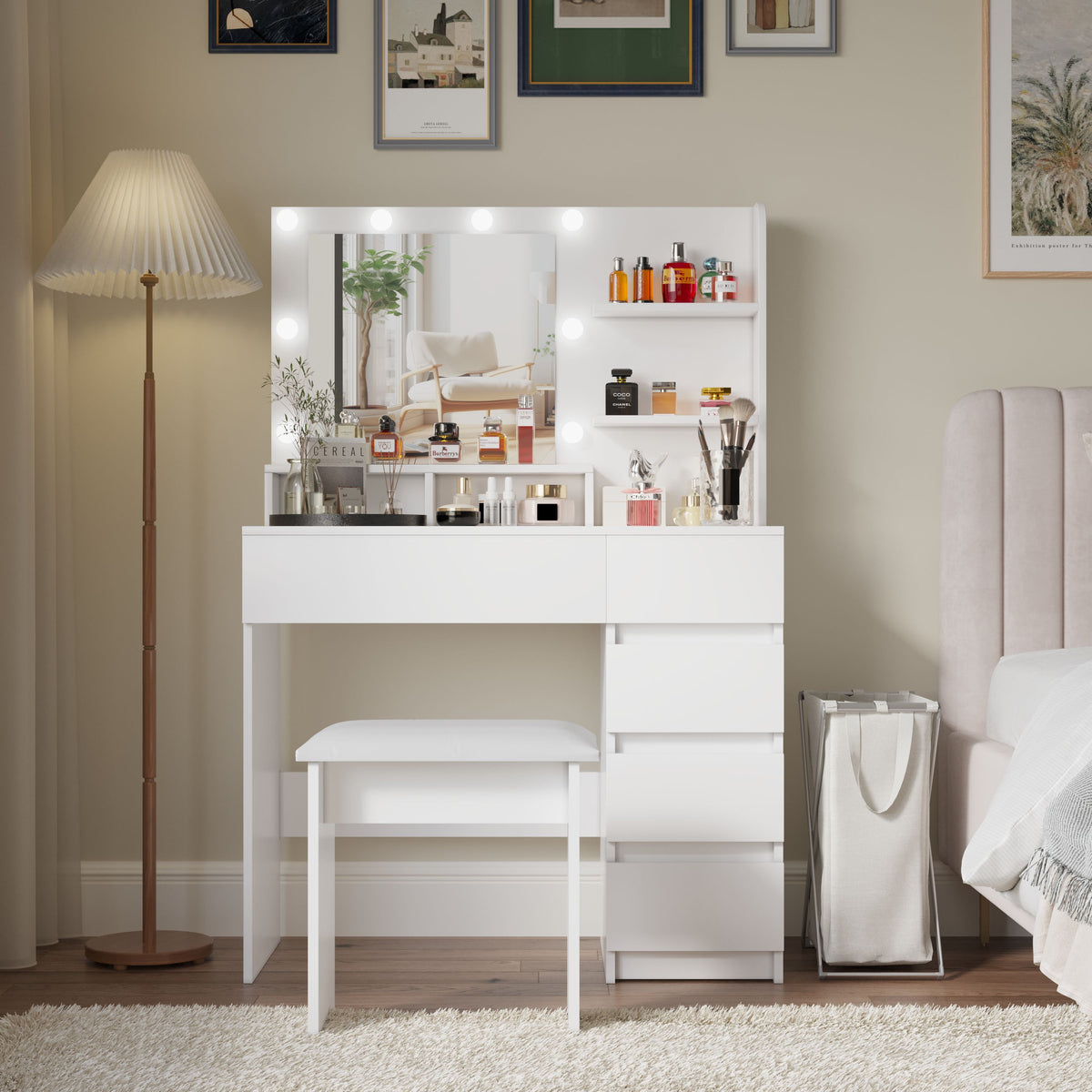 Vanity, Makeup Vanity Desk Set with Mirror & Light, Dressing Table Storage Lots with Power Strip, 3 Lighting Modes with Adjustable Brightness, 37 Inches  (White with Stool)