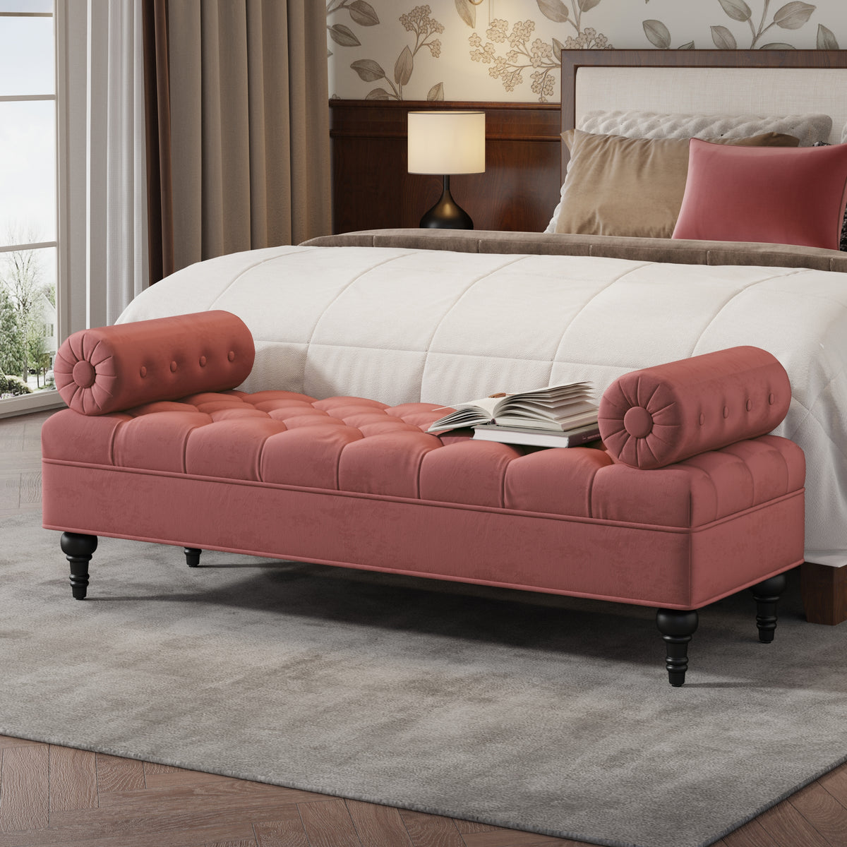 Modern Bedroom Bench,Bench for End of Bed,Velvet Upholstered Bench with 2 Detachable Pillows,Comfy Upholstered Footstool,Ottoman  for Bedroom,Living Room, Entryway,Pink