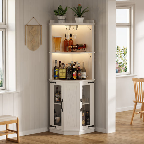 67.3' Corner Bar Cabinet with Power Outlet, Farmhouse Wine Bar Cabinet with Adjustable Shelves for Home,with Lights & Glass Rack for Dining Room, Living Room, Kitchen