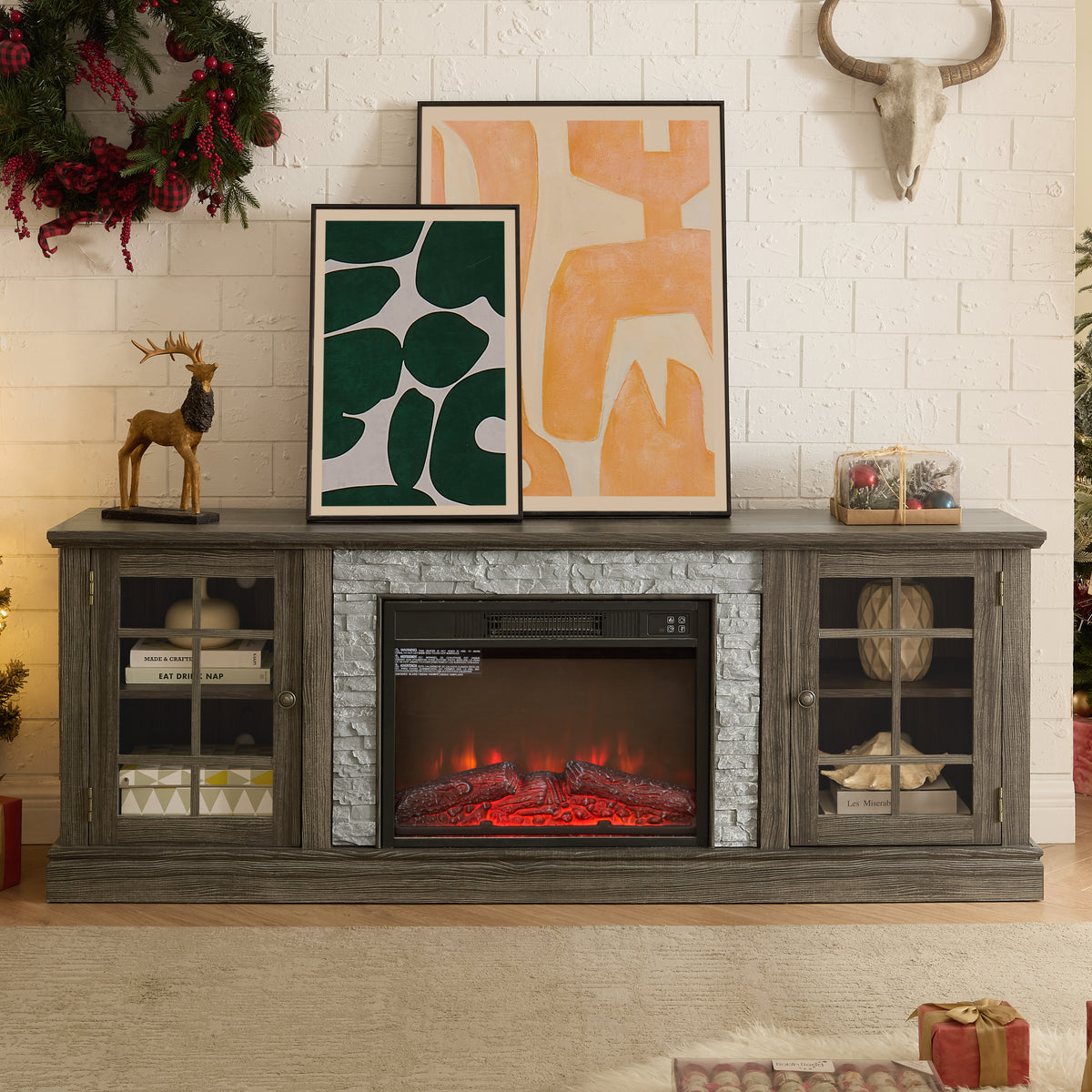 70' Modern TV Stand with 2-Door Storage & 23' Electric Fireplace, Faux Stone Media Console Cabinet, Grey Large Entertainment Center for Living Room
