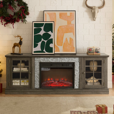 70' Modern TV Stand with 2-Door Storage & 23' Electric Fireplace, Faux Stone Media Console Cabinet, Grey Large Entertainment Center for Living Room