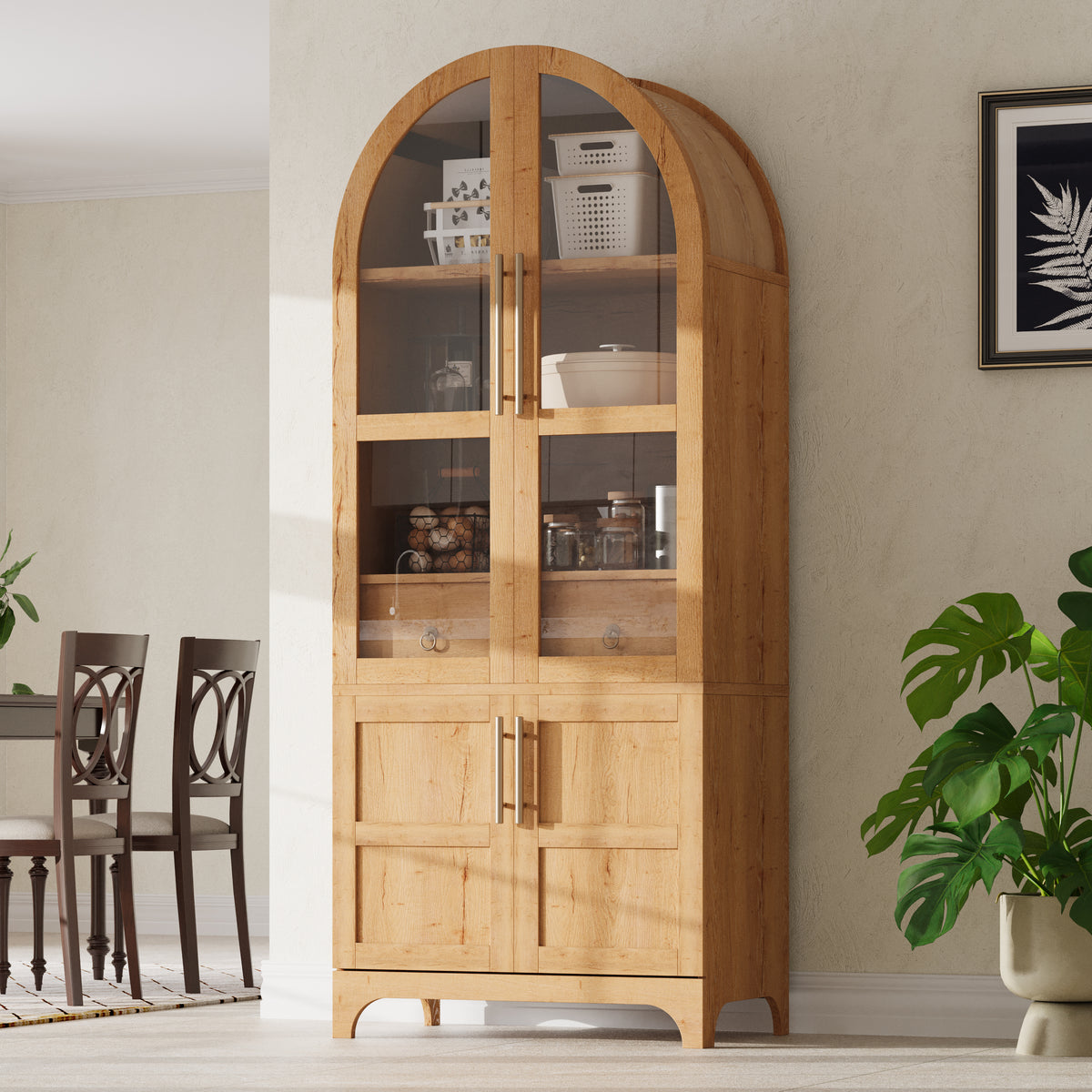 K&K 71' Tall Arched Kitchen Pantry Cabinet with Door Shelves, Farmhouse Kitchen Storage Cabinet with Open & Adjustable Shelves, Hidden Drawer & Glass Door, Cupboard for Kitchen, Dining Room, Natural