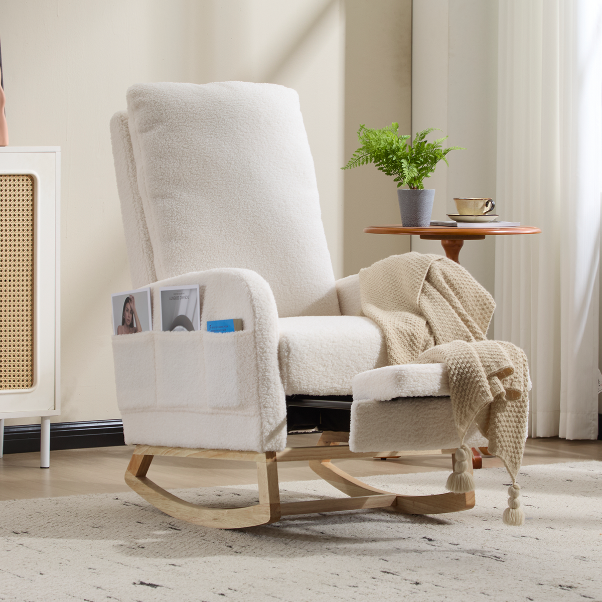 Modern Accent Rocking Chair Rocking Chair with Solid Wood Legs, Upholstered Nursery Glider Rocker with Side Pocket and Footrest, Living Room Lounge Arm Chair with High Backrest (White,teddy)