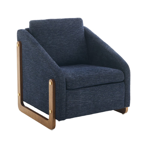 Modern Chenille Upholstered Armchair with Wooden Side Frame in Blue, Leisure Accent Chair for Living Room and Bedroom