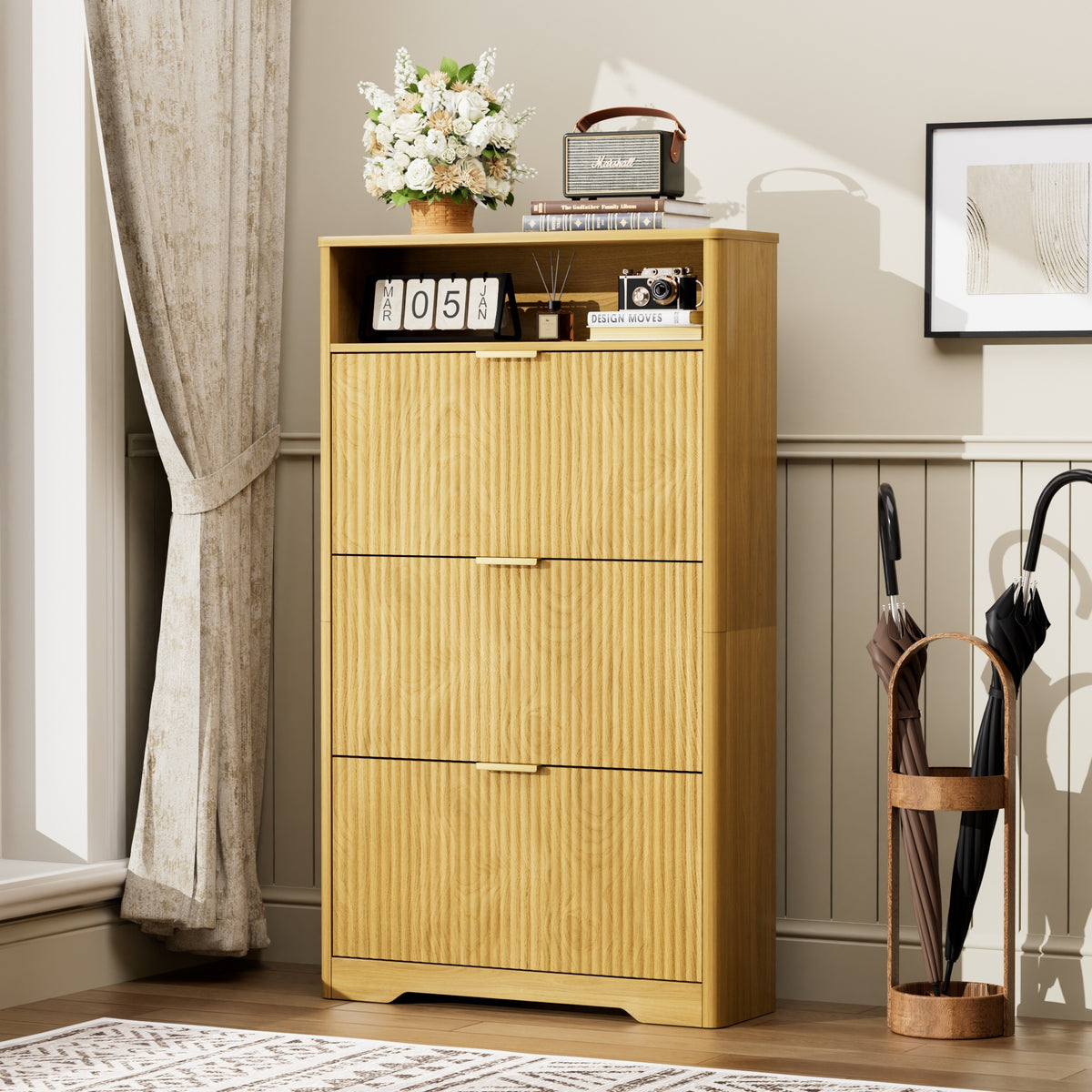 Shoe Cabinet Storage for Entryway Hidden Shoes Storage Cabinet with 3 Flip Drawers, Tall Free Standing Shoe Organizer Rack for Foyer, Hallway. Natural,31.6'' L x 9.6'' W x 54.4'' H.