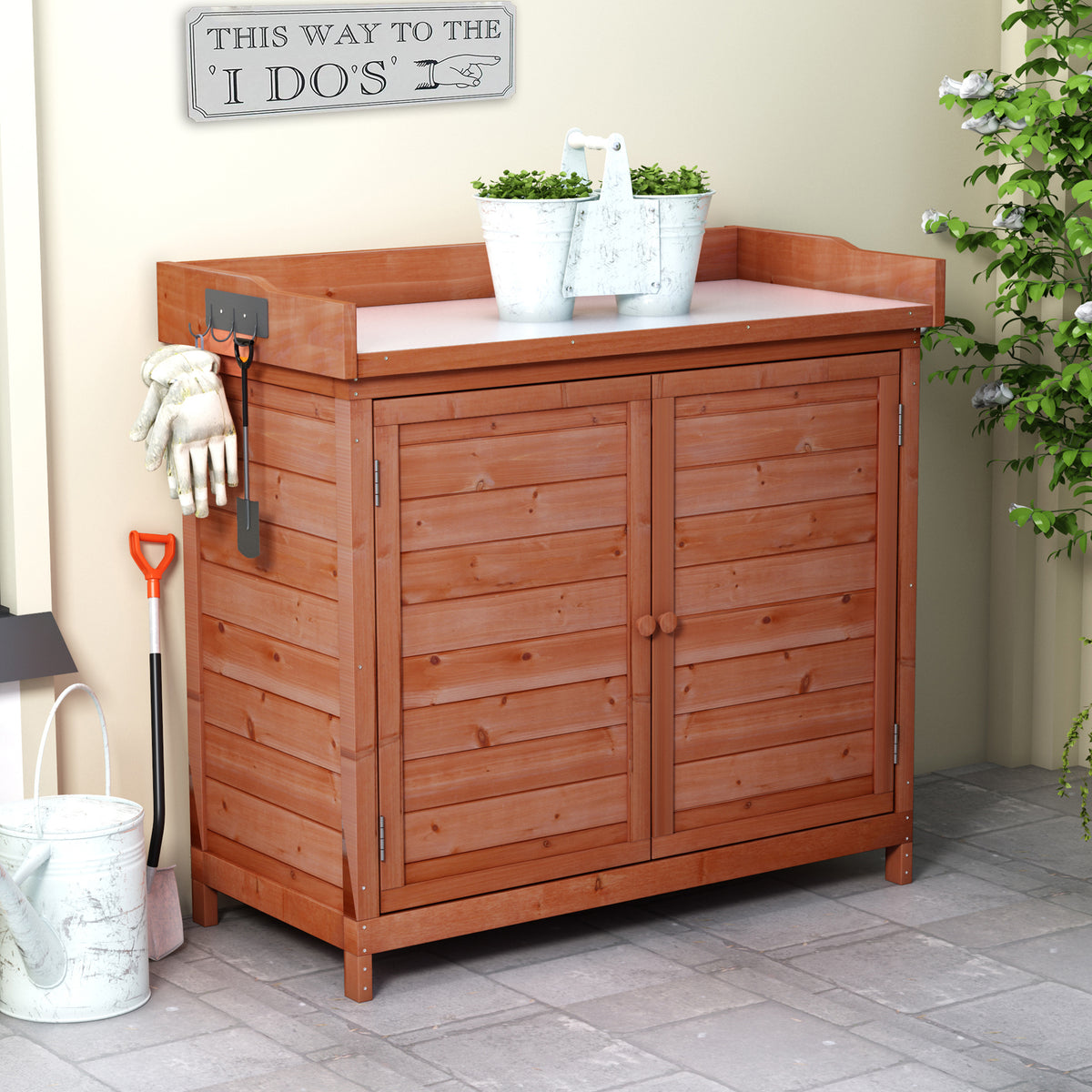 TOPMAX Outdoor 39' Potting Bench Table, Rustic Garden Wood Workstation Storage Cabinet Garden Shed with 2-Tier Shelves and Side Hook, Orange